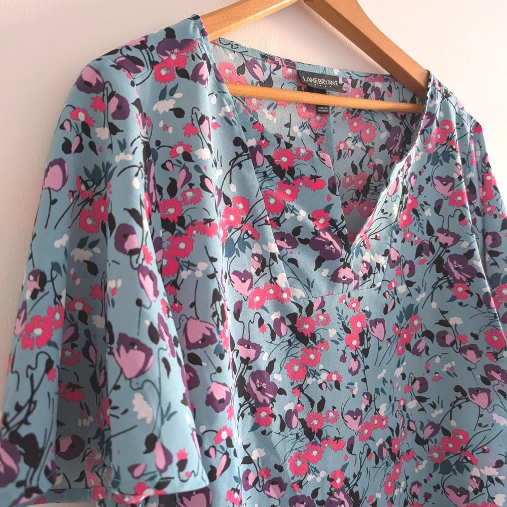 Lane Bryant Women Teal Floral V-Neck Flutter Sleeve Blouse Top Size 14 583018 - Picture 3 of 5